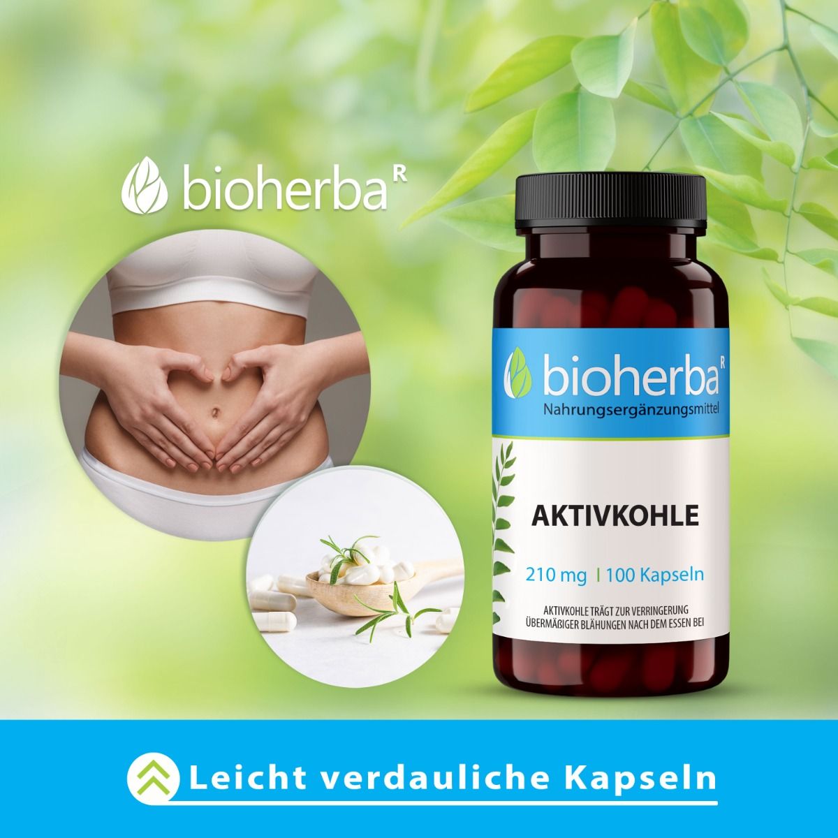 Braune Flasche mit Kapseln, Hände formen Herz auf Bauch. Aufschrift: Aktivkohle 210 mg, 100 Kapseln. Marke: bioherba.