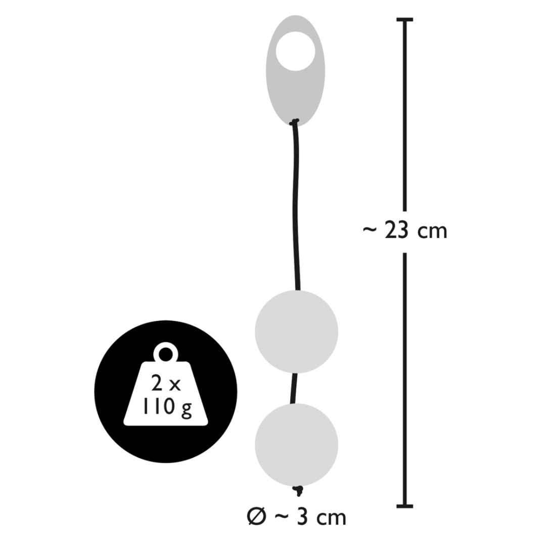 Grafische Darstellung: Zwei Kugeln, verbunden durch eine Schnur, mit Griff. Abmessungen: 23 cm lang, 3 cm Durchmesser. Gewicht: 2 x 110g.