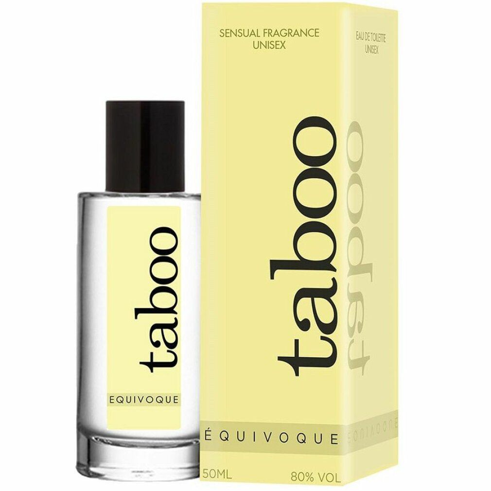 Flakon mit gelber Verpackung. Auf Verpackung und Flakon steht "taboo" und "EQUIVOQUE".