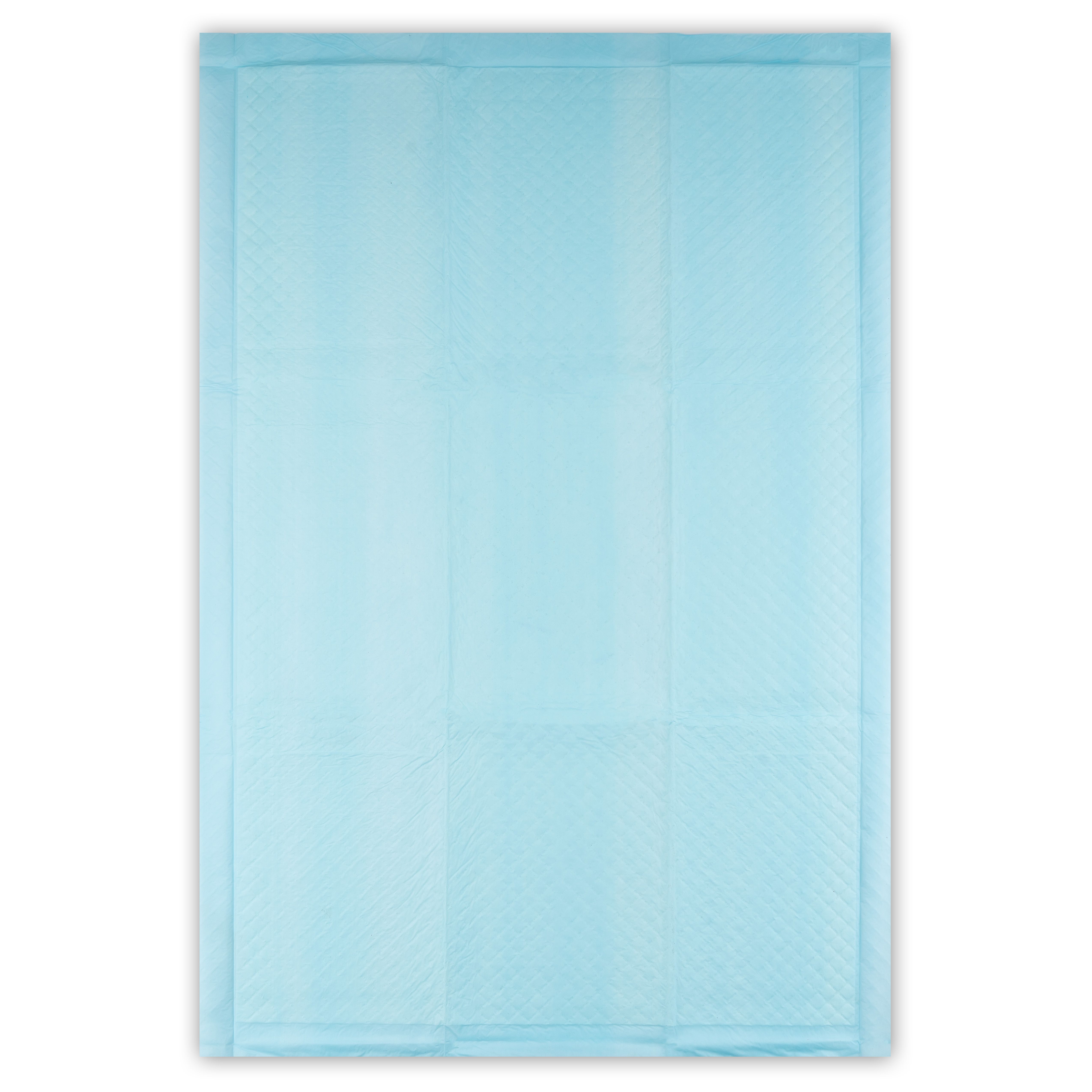 Hellblaue, rechteckige Einweg-Betteinlage. Die Oberfläche ist in Quadrate unterteilt.