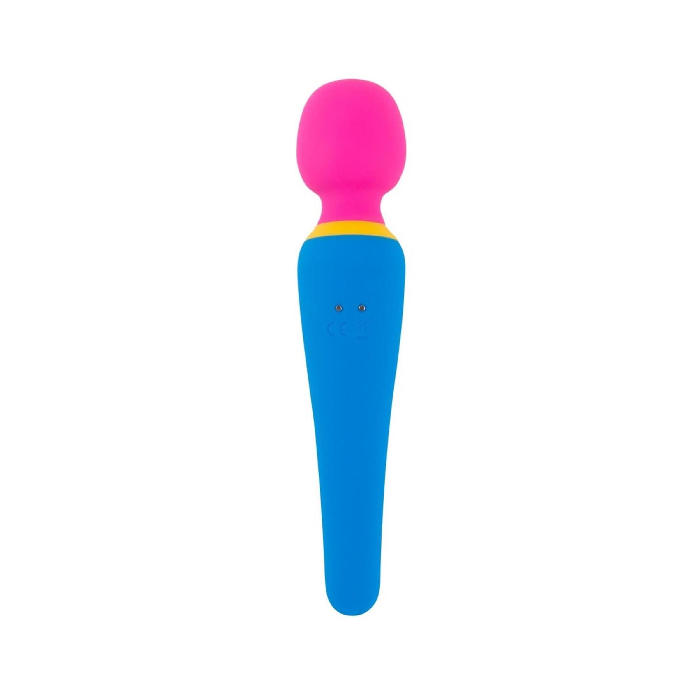 Blau-gelb-pinkfarbener Vibrator. Zylindrischer Griff, runder Kopf. Gelber Knopf. Aus Silikon.