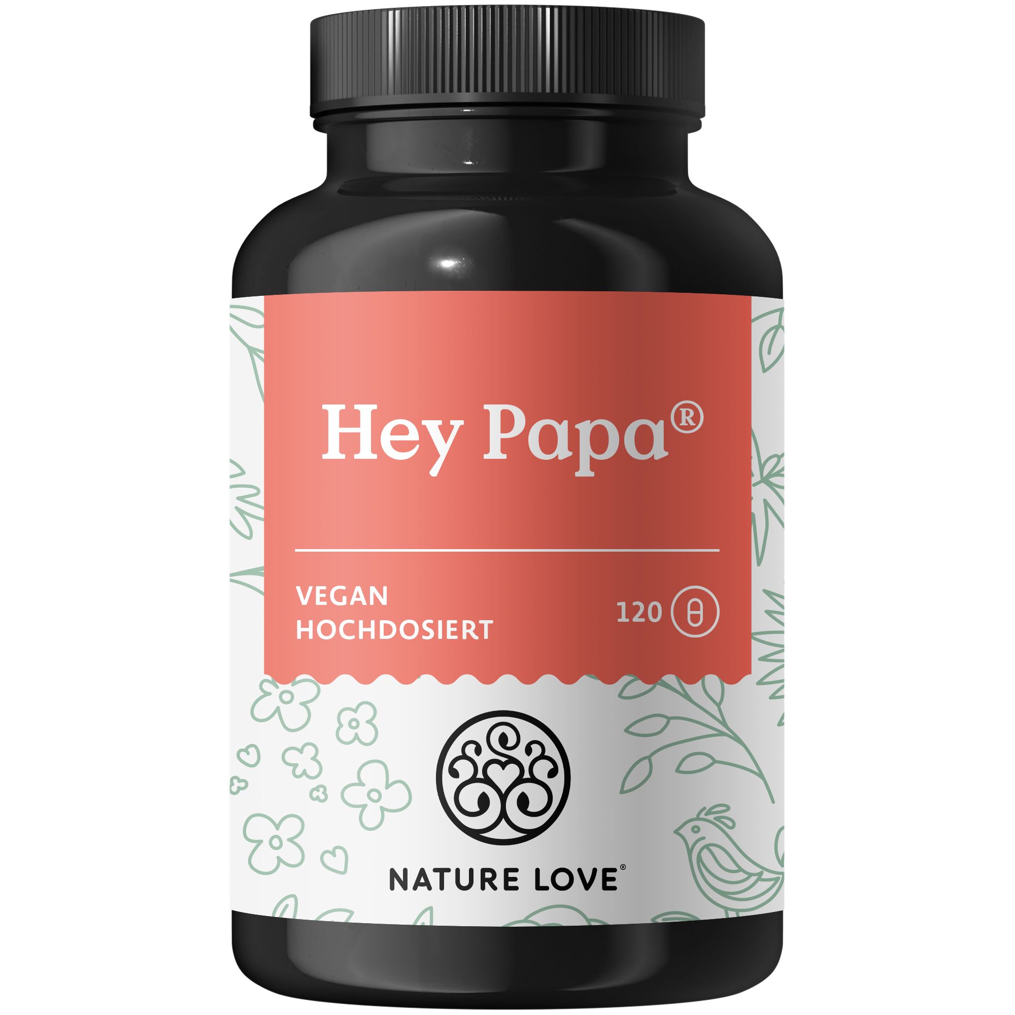 Braune Tablettenflasche mit Etikett. Aufschrift: Hey Papa, vegan hochdosiert, NATURE LOVE. 120 Tabletten.