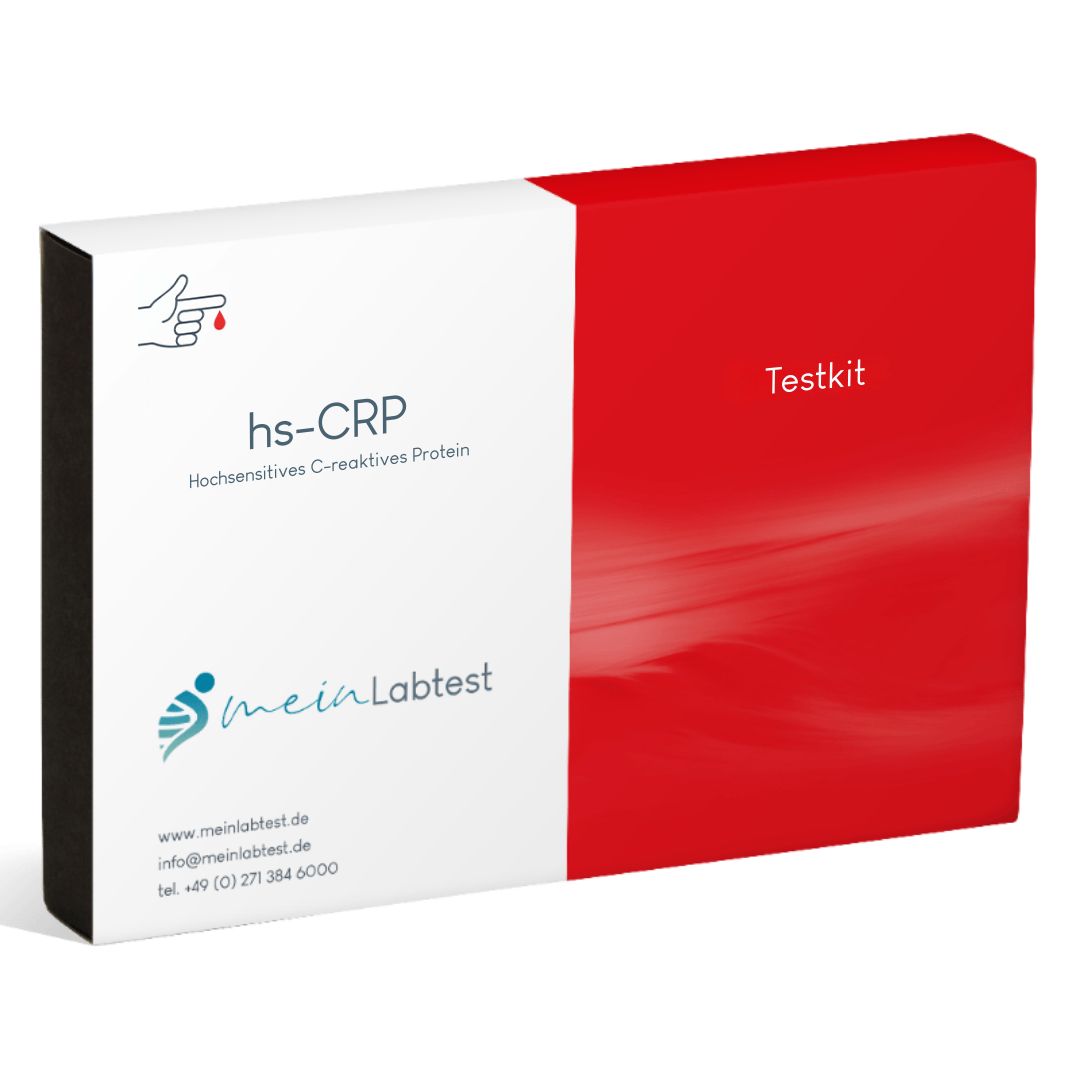 Verpackung des hs-CRP-Testkits. Aufdruck: hs-CRP, meinLabtest, Testkit.