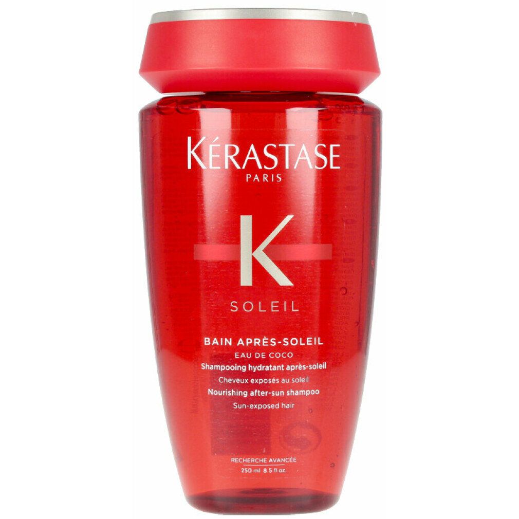 Rote Flasche mit rotem Deckel. Schriftzug: Kérastase Paris, Soleil, Bain Après-Soleil. Text darunter.