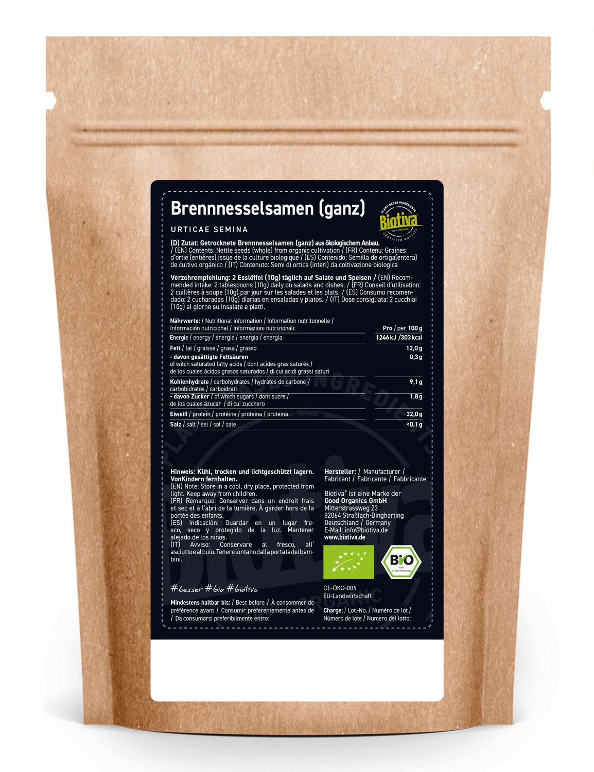 Rückseite eines braunen Beutels mit Produktinformationen. Text: Brennnesselsamen (ganz), Urticae Semina, Nährwertangaben, Bio-Siegel.