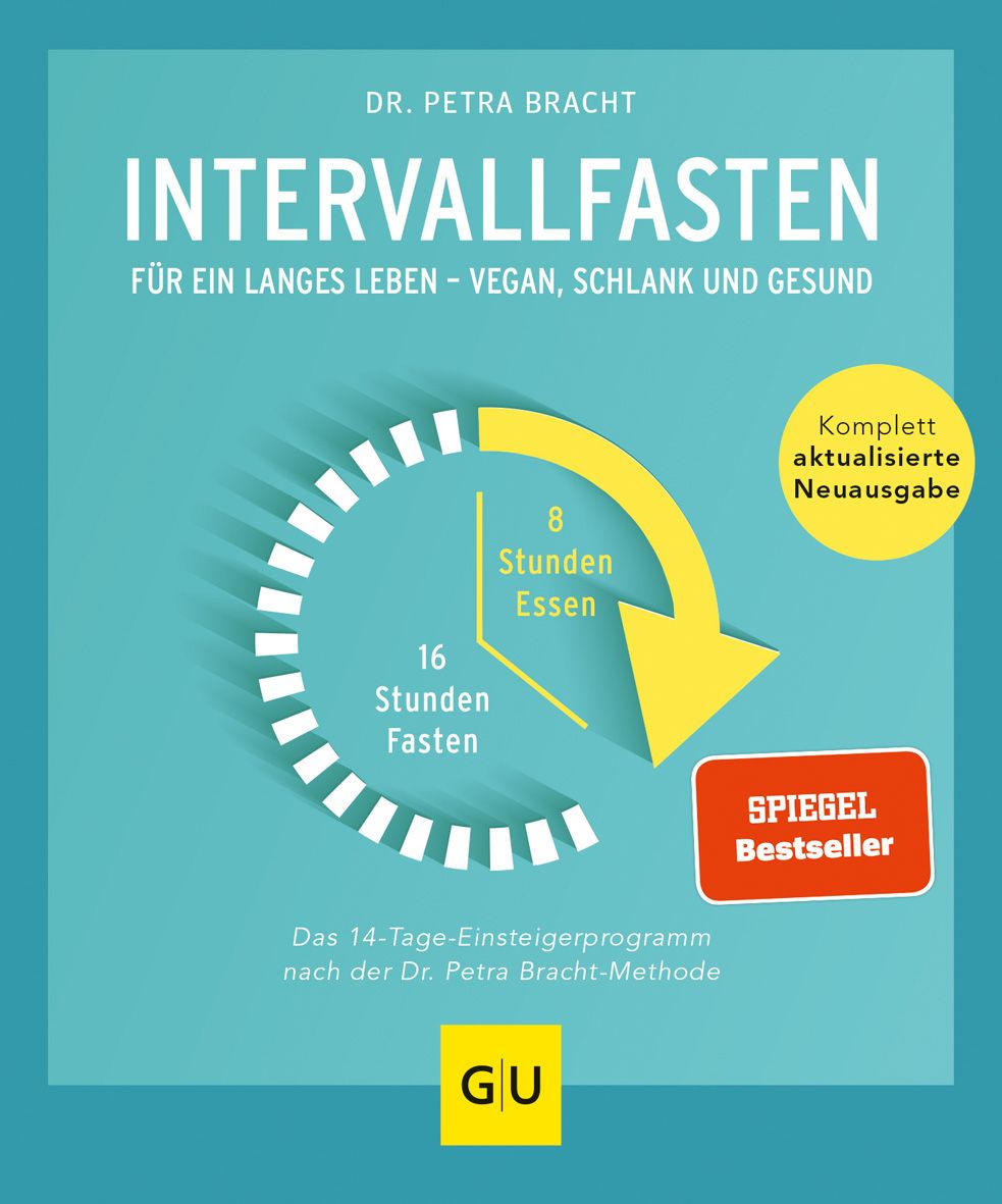 Buchcover mit Titel INTERVALLFASTEN. Enthält Informationen zu veganer Ernährung und Gesundheit. Auszeichnung "SPIEGEL Bestseller". Herausgeber: GU.