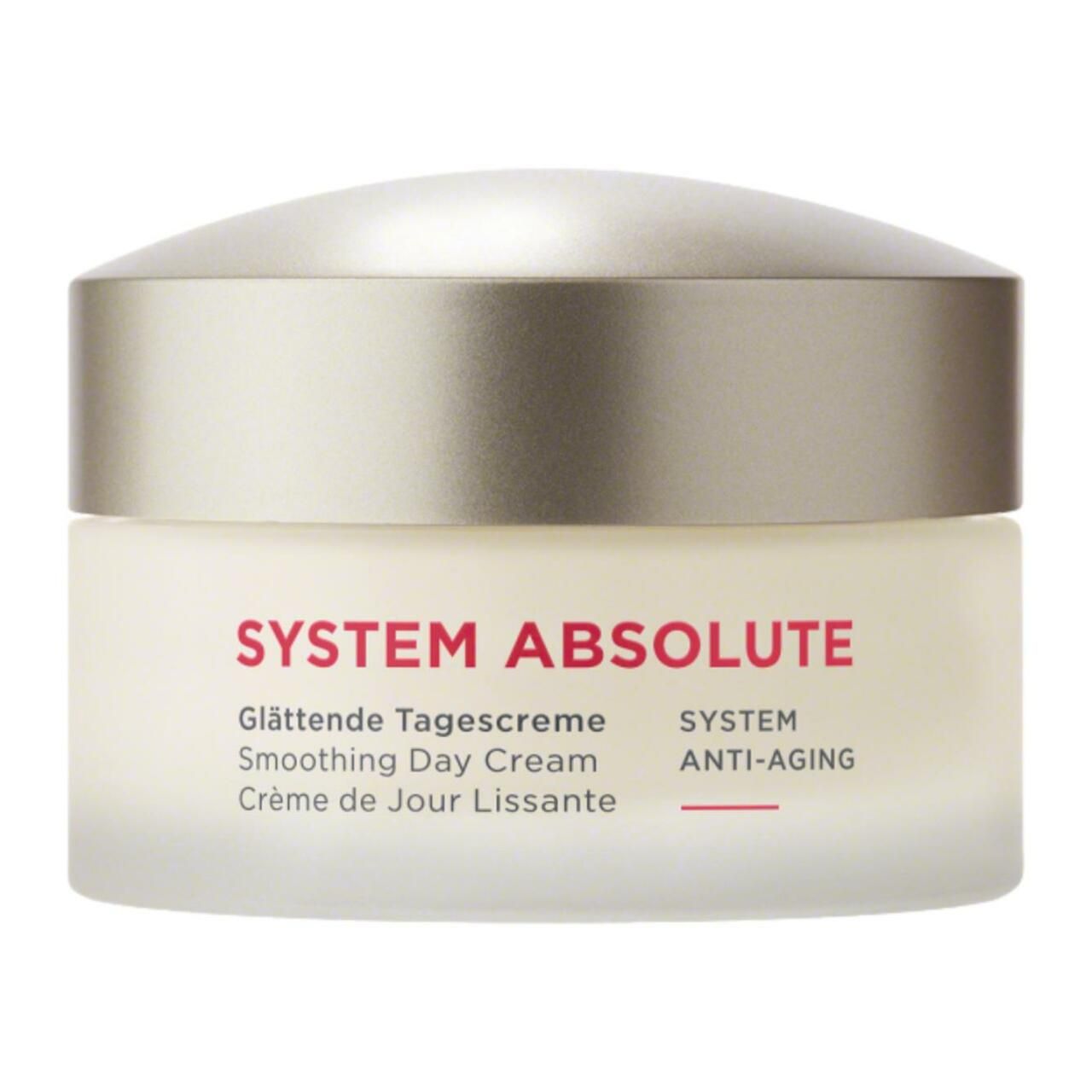 Cremetiegel. Aufschrift: SYSTEM ABSOLUTE, Glättende Tagescreme, Smoothing Day Cream, Crème de Jour Lissante, SYSTEM ANTI-AGING.