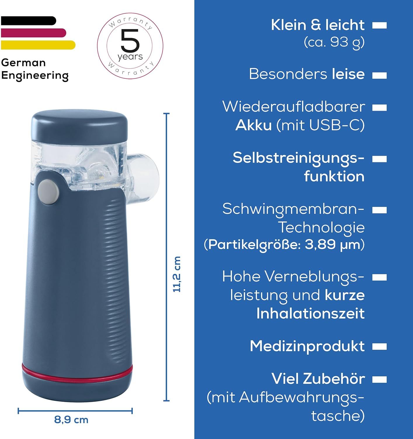Blaues Inhalationsgerät mit Zubehör. Maße: 8,9 x 11,2 cm. Text: Medizinprodukt. Viel Zubehör mit Aufbewahrungstasche.