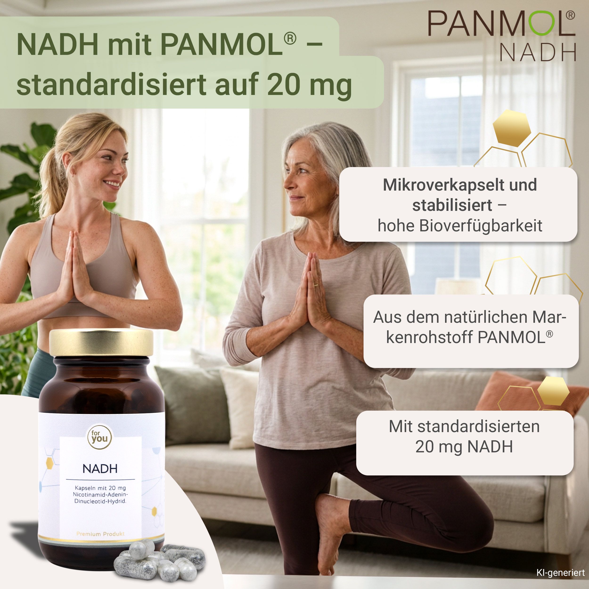 Braune Glasflasche mit NADH-Kapseln und lose Kapseln daneben. Text: "NADH mit PANMOL® - standardisiert auf 20 mg".