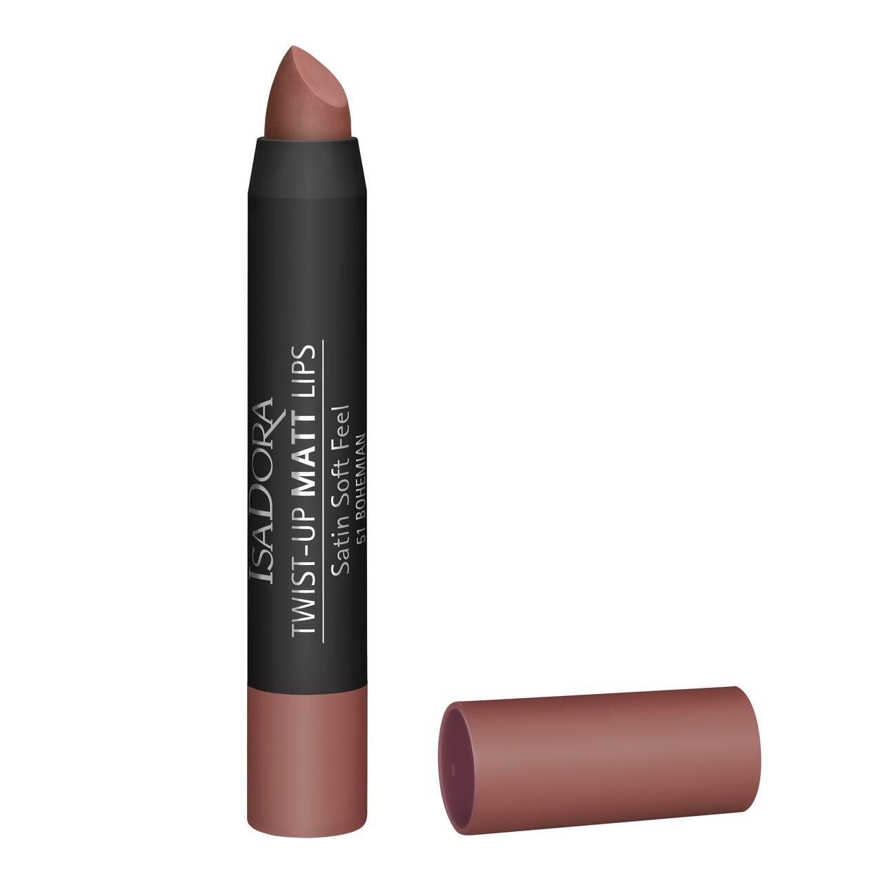 Lippenstift IsaDora Twist-Up Matt Lips, braun. Schwarzer Stift mit brauner Spitze und Kappe. Schriftzug: IsaDora, Twist-Up Matt Lips, Satin Soft Feel.