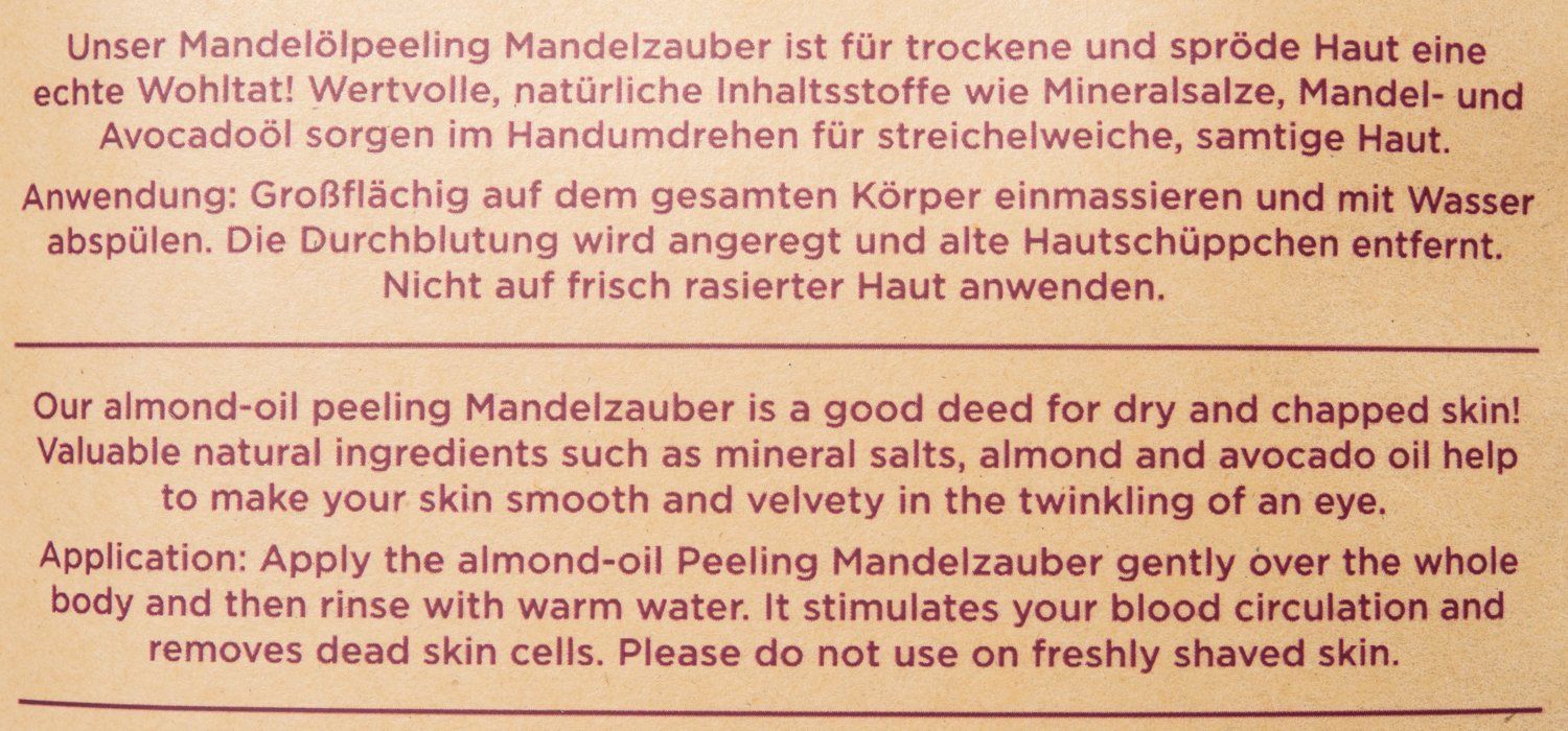 Text in Deutsch und Englisch. Beschreibung des Mandelölpeelings Mandelzauber. Anwendungshinweise.