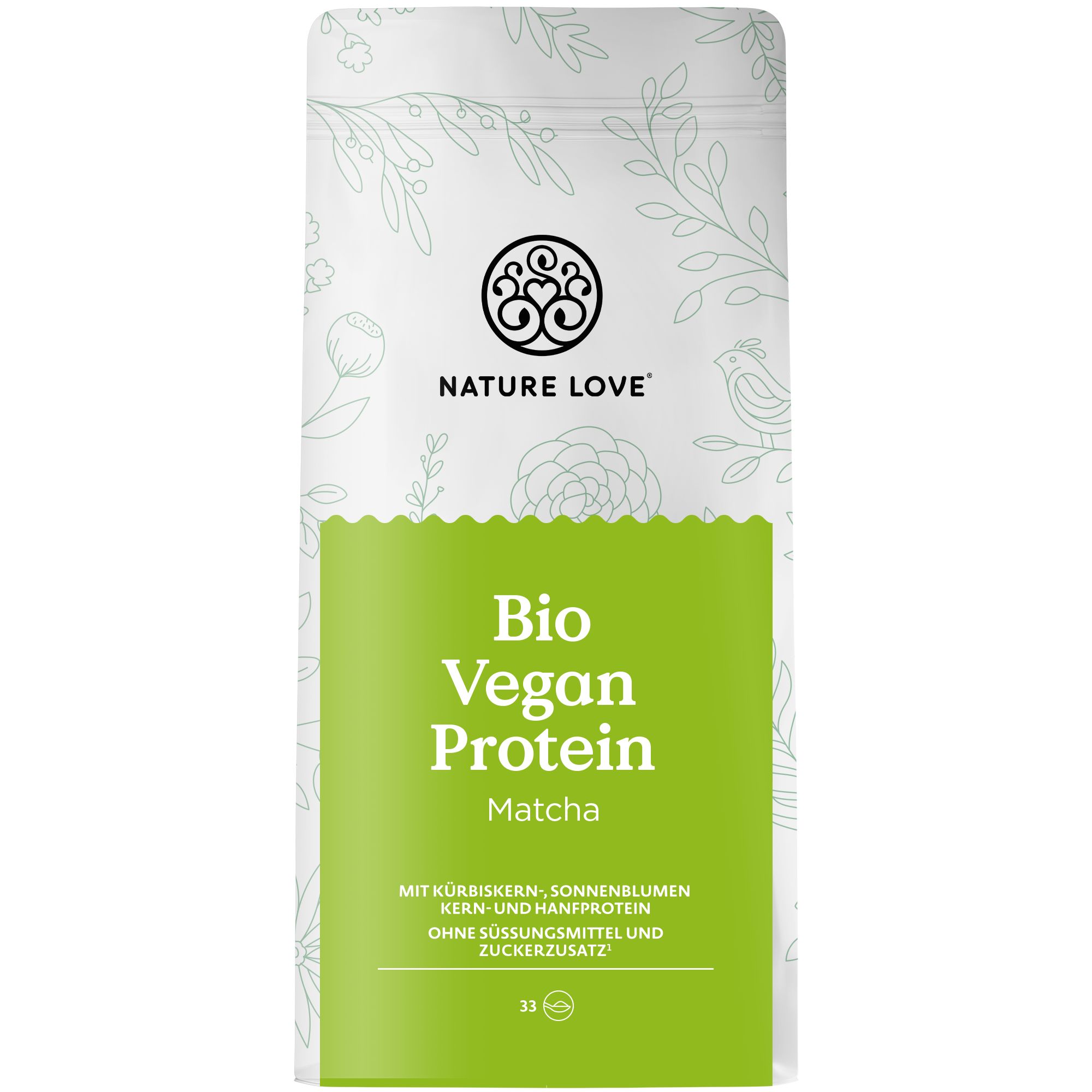 Beutel NATURE LOVE® Bio Vegan Protein Matcha. Logo und Produktbezeichnung. Grüne Schrift auf weißem Hintergrund.