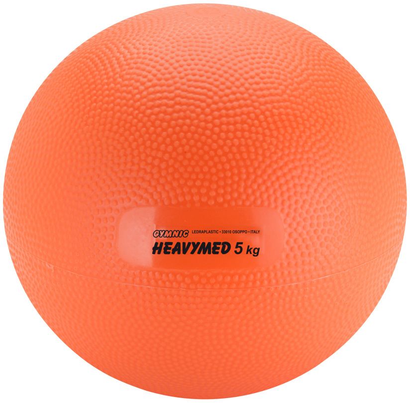 Oranger Gymnastikball mit Noppenstruktur. Aufschrift: HEAVYMED 5 kg. Marke: Gymnic.
