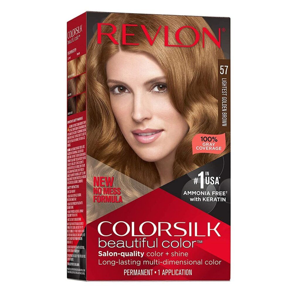 Haarfärbemittel-Verpackung. Revlon Colorsilk, Farbton 57 Lightest Golden Brown. Frau mit goldbraunem Haar abgebildet. Text: #1 USA, Ammonia Free.