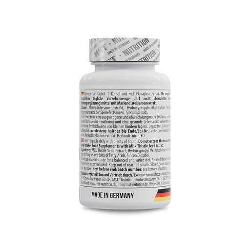 Rückseite der weißen Flasche. Aufschrift: Gebrauchsanweisung, Mariendistelsamenextrakt, Made in Germany, Flagge.
