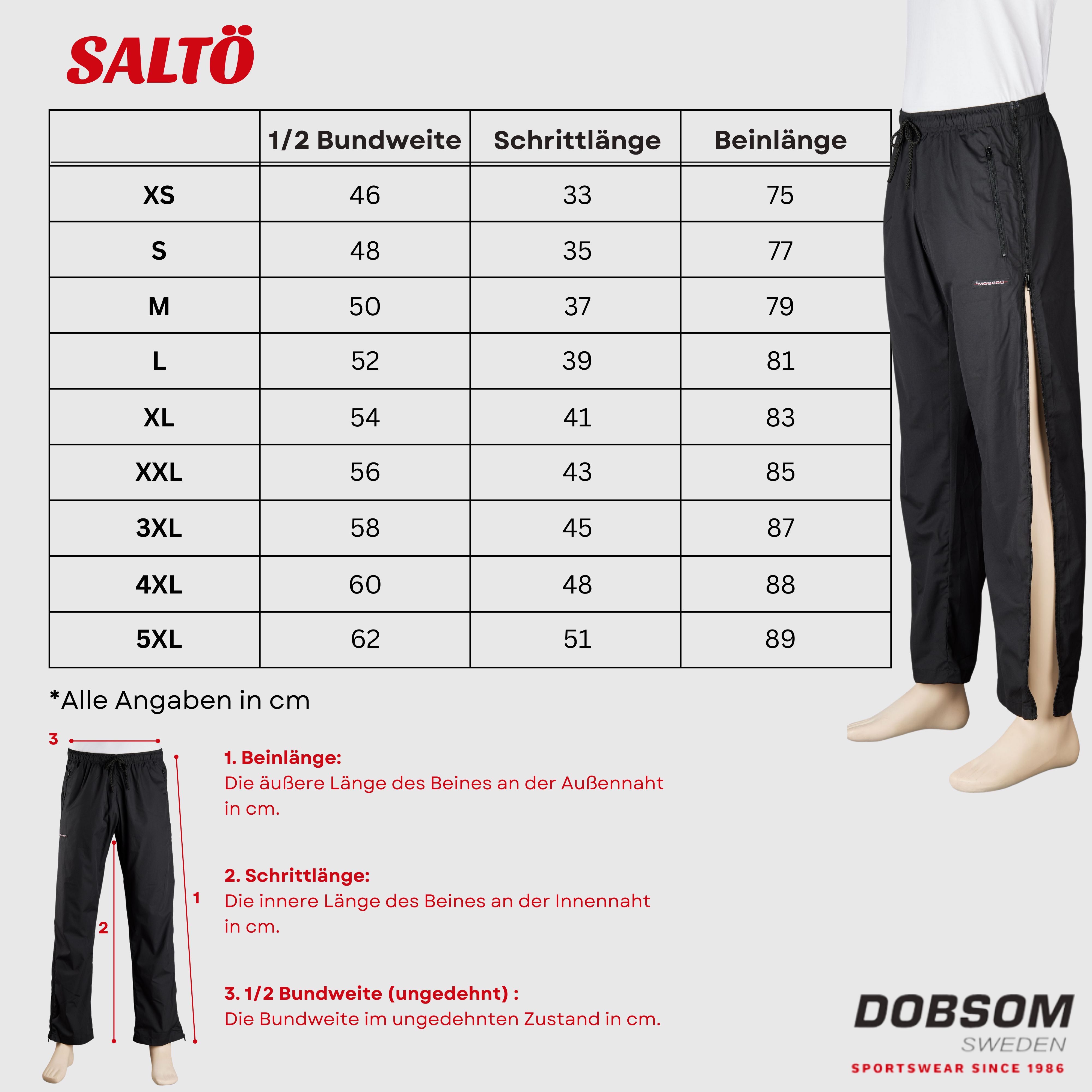 Schwarze Sporthose mit seitlichem Reißverschluss. Größentabelle mit Maßen in cm. DOBSOM-Logo.