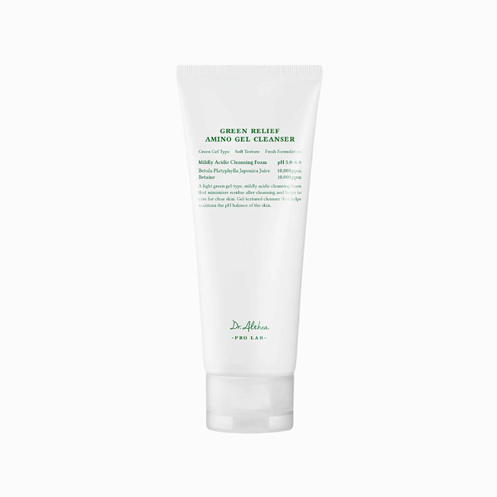 Weiße Tube. Aufschrift: Green Relief Amino Gel Cleanser. Text: Gel-Typ, Soft Texture, Fresh Formulation, pH 5.0-6.0.