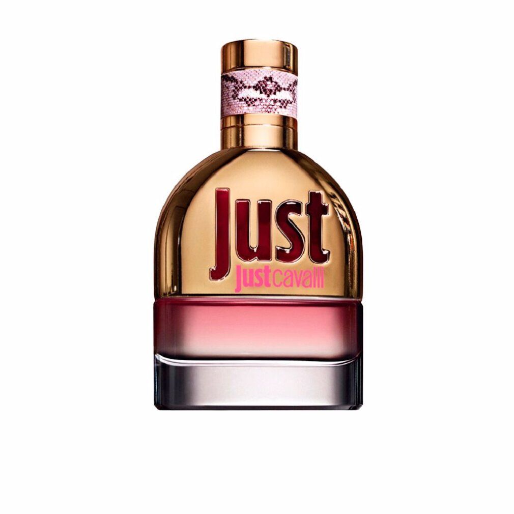 Parfümflakon mit goldfarbenem Deckel und rosa Schriftzug "JUST justcavalli". Flakon mit rosa Farbverlauf.