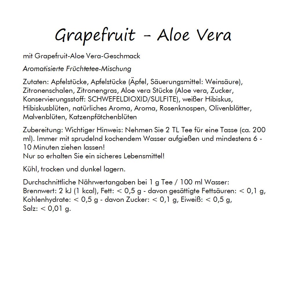 Text mit Zutaten und Nährwertangaben für Grapefruit-Aloe Vera Früchtetee. Keine Produktabbildung.