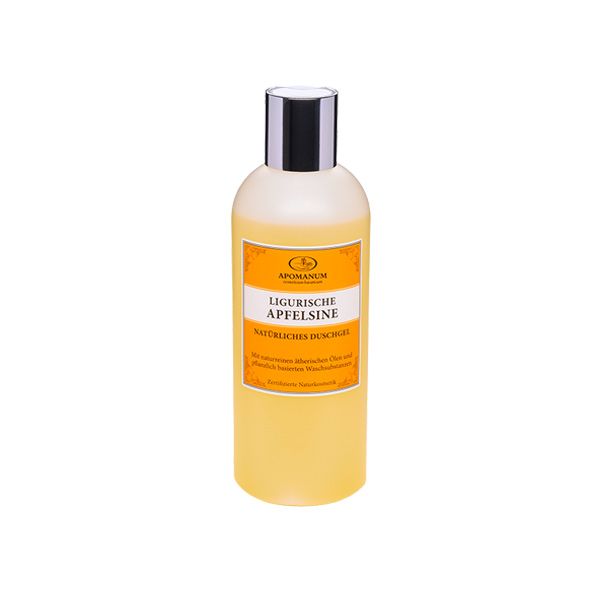 Gelbe Flasche mit silbernem Deckel. Aufschrift: Apomanum, Ligurische Apfelsine, Natürliches Duschgel.