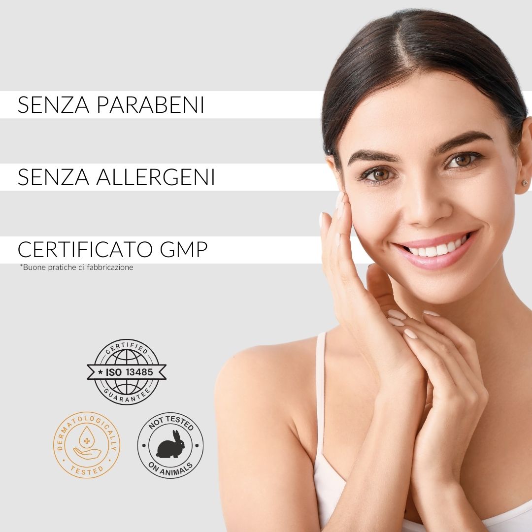 Donna tocca il viso. Testo: Senza parabeni, Senza allergeni, Certificato GMP. Loghi: ISO 13485, testato dermatologicamente.