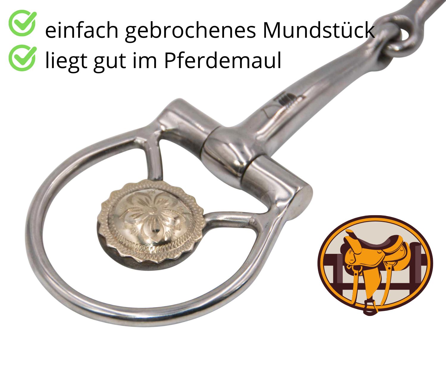 Gebiss mit silbernen Ringen und goldenen Verzierungen. Mundstück mit Gelenk. Runde Seitenteile mit floralen Details. Sattel-Logo.