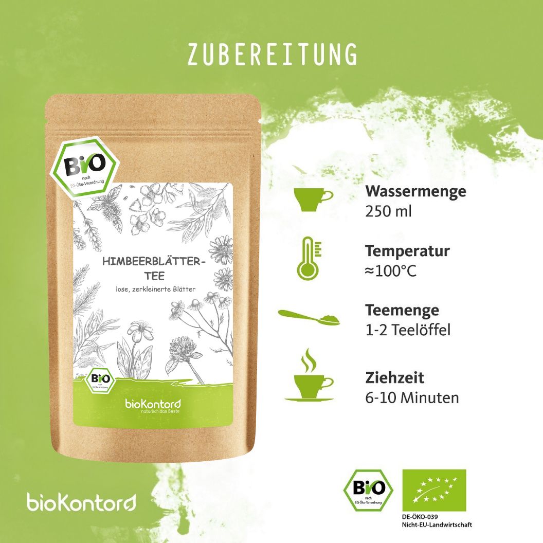 Braune Papierverpackung mit Himbeerblättertee-Etikett. Etikett mit floralen Illustrationen, Bio-Siegel. Zubereitungshinweise.
