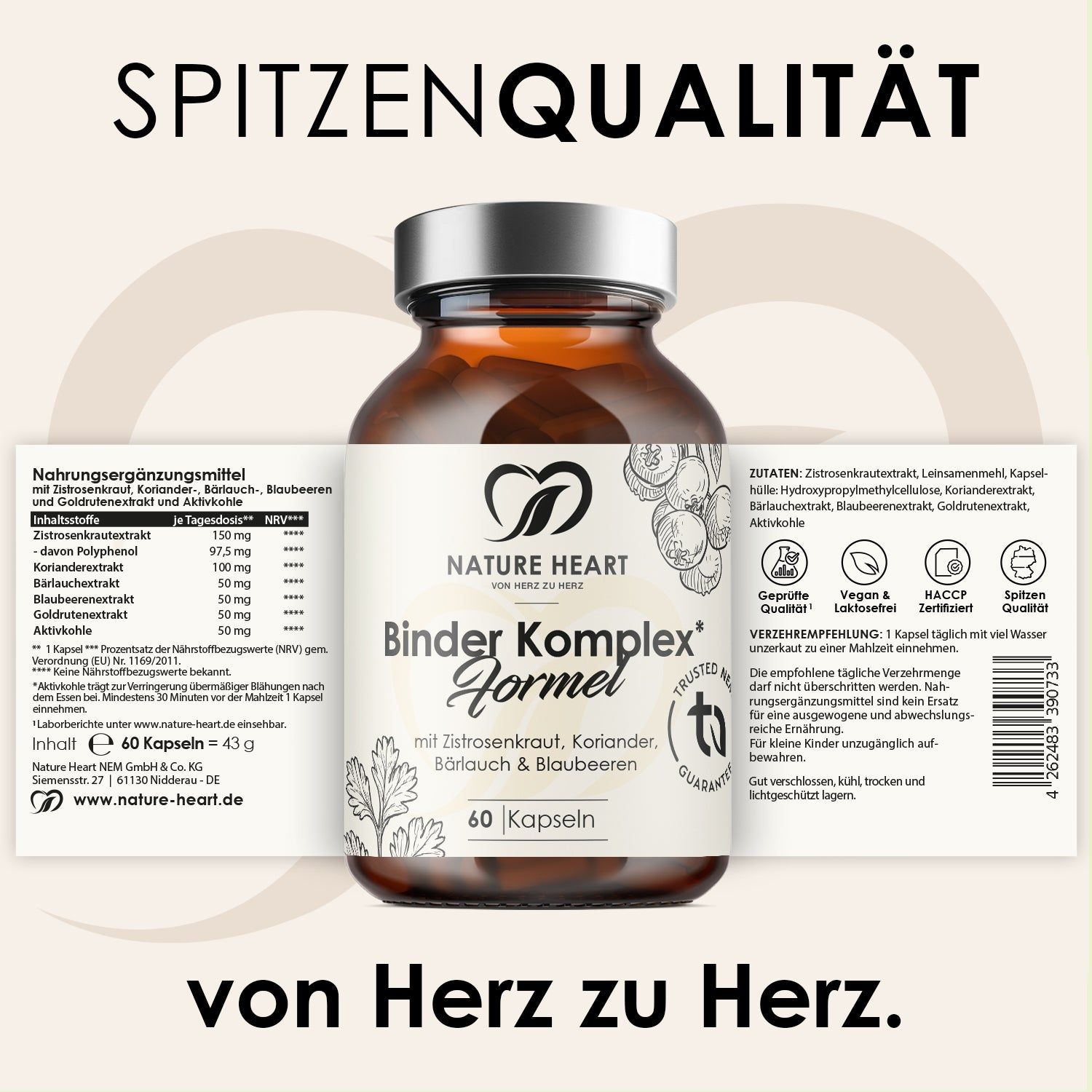 Braune Kapsel-Dose mit Etikett. Aufschrift: Binder Komplex Formel, 60 Kapseln. Logo: Herz mit Blatt. Text: Nahrungsergänzungsmittel.
