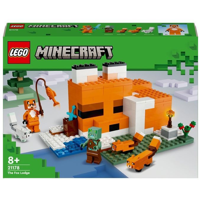 LEGO Minecraft 21178 Die Fuchs-Lodge. Orangefarbenes Gebäude mit weißen Akzenten. Figuren: Fuchs, Zombie, Fisch. Verpackung mit Logo und Altersempfehlung.