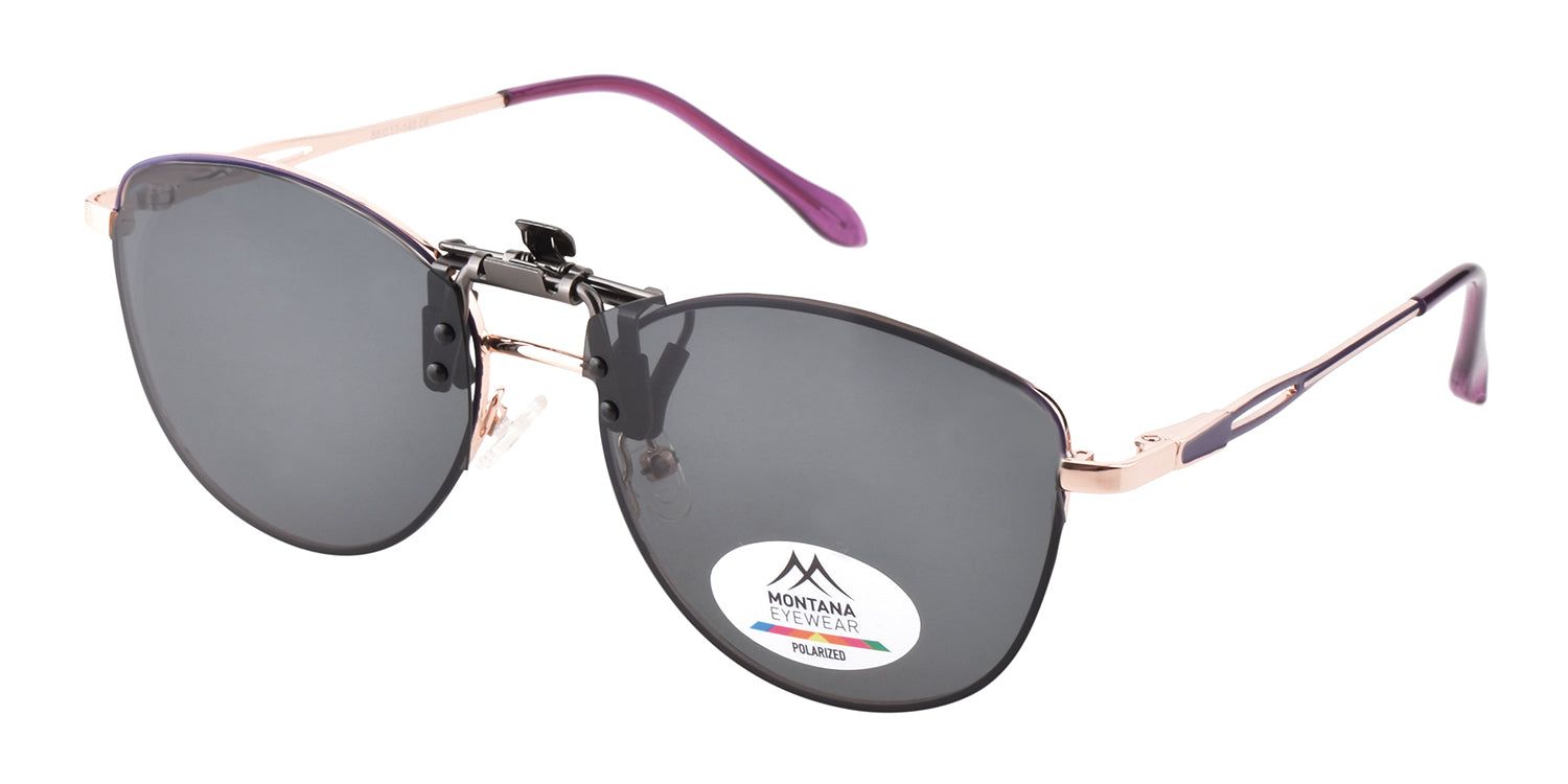 Montana Eyewear Sopot Clip-on-Sonnenbrille mit Brillenrahmen. Goldfarbener Rahmen, lila Bügel. Polarisiert. Logo.