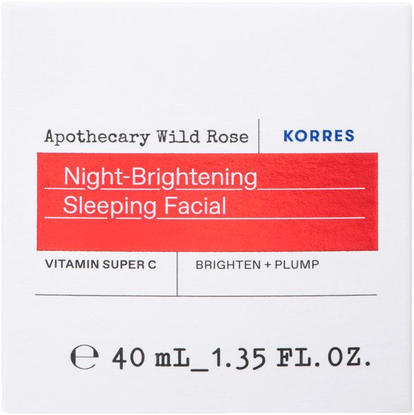 Weißer Karton mit rotem Feld. Text: Apothecary Wild Rose, Night-Brightening Sleeping Facial, Vitamin Super C, KORRES.