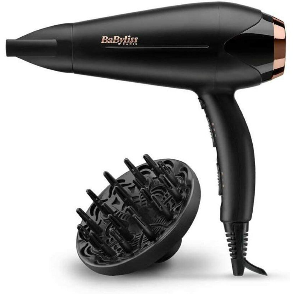 Schwarzer Haartrockner mit bronzefarbenen Akzenten und Diffusor. Marke BaByliss. Kabelanschluss.