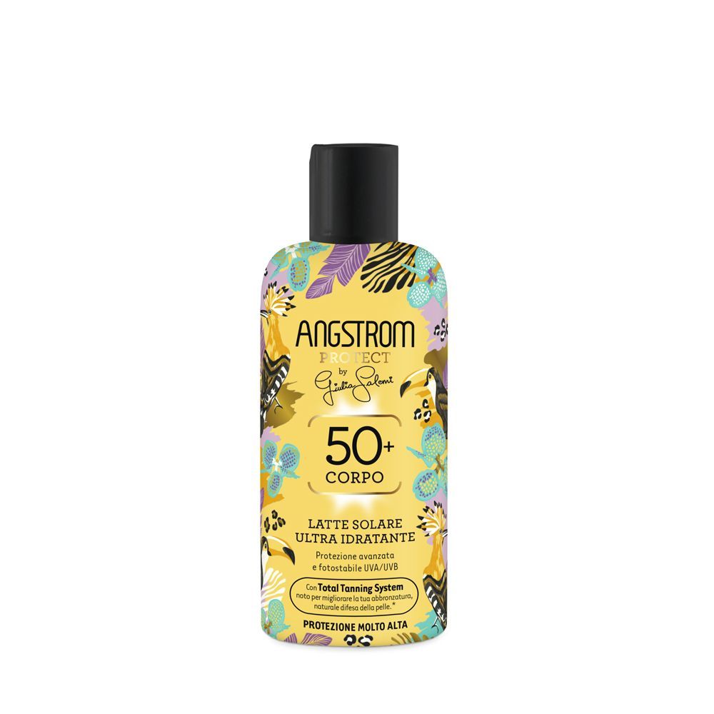 Flacone giallo con tappo nero. Stampa con nome prodotto, SPF 50+ e testo. Motivi uccelli e fiori.