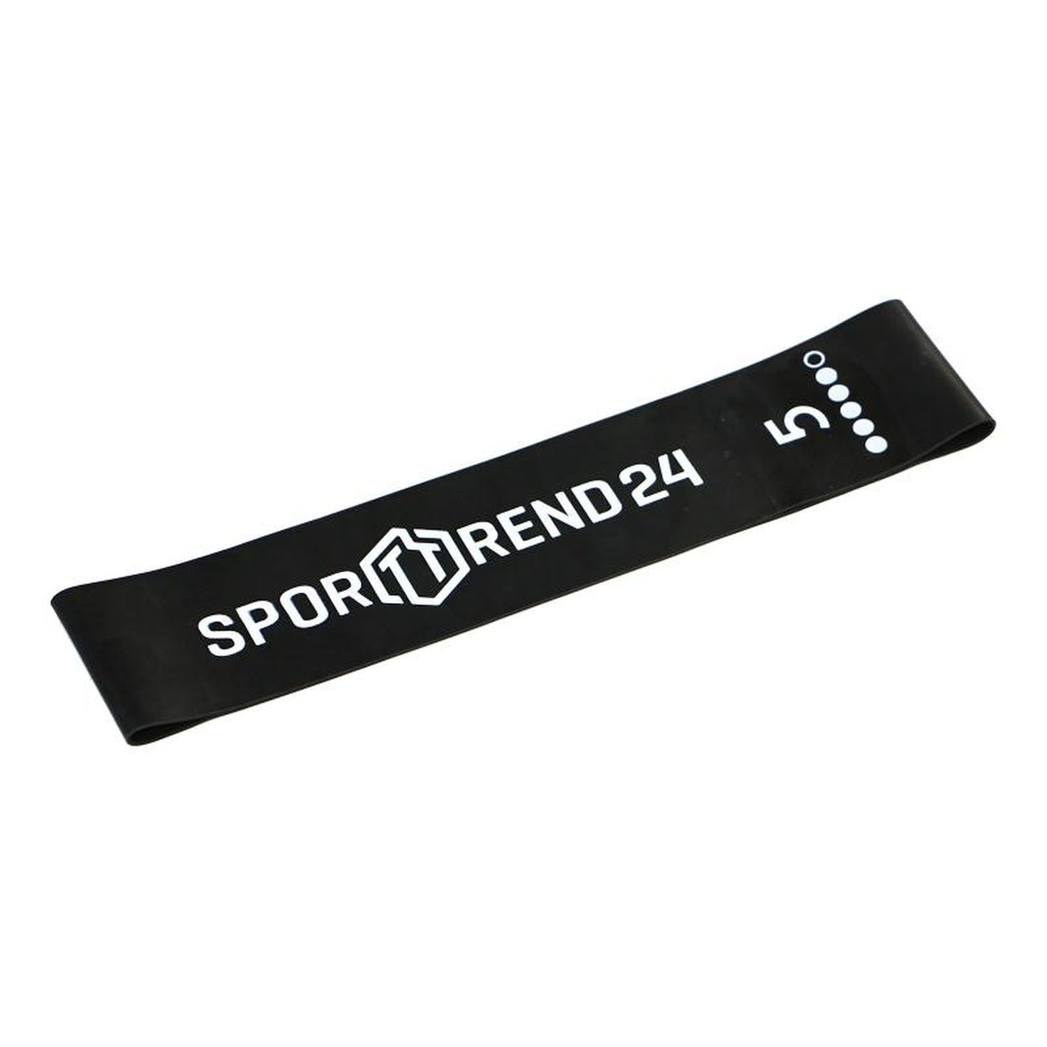 Schwarzes Mini-Band mit weißem "SPORTTREND24"-Logo und "5"-Markierung. Auf weißem Hintergrund.