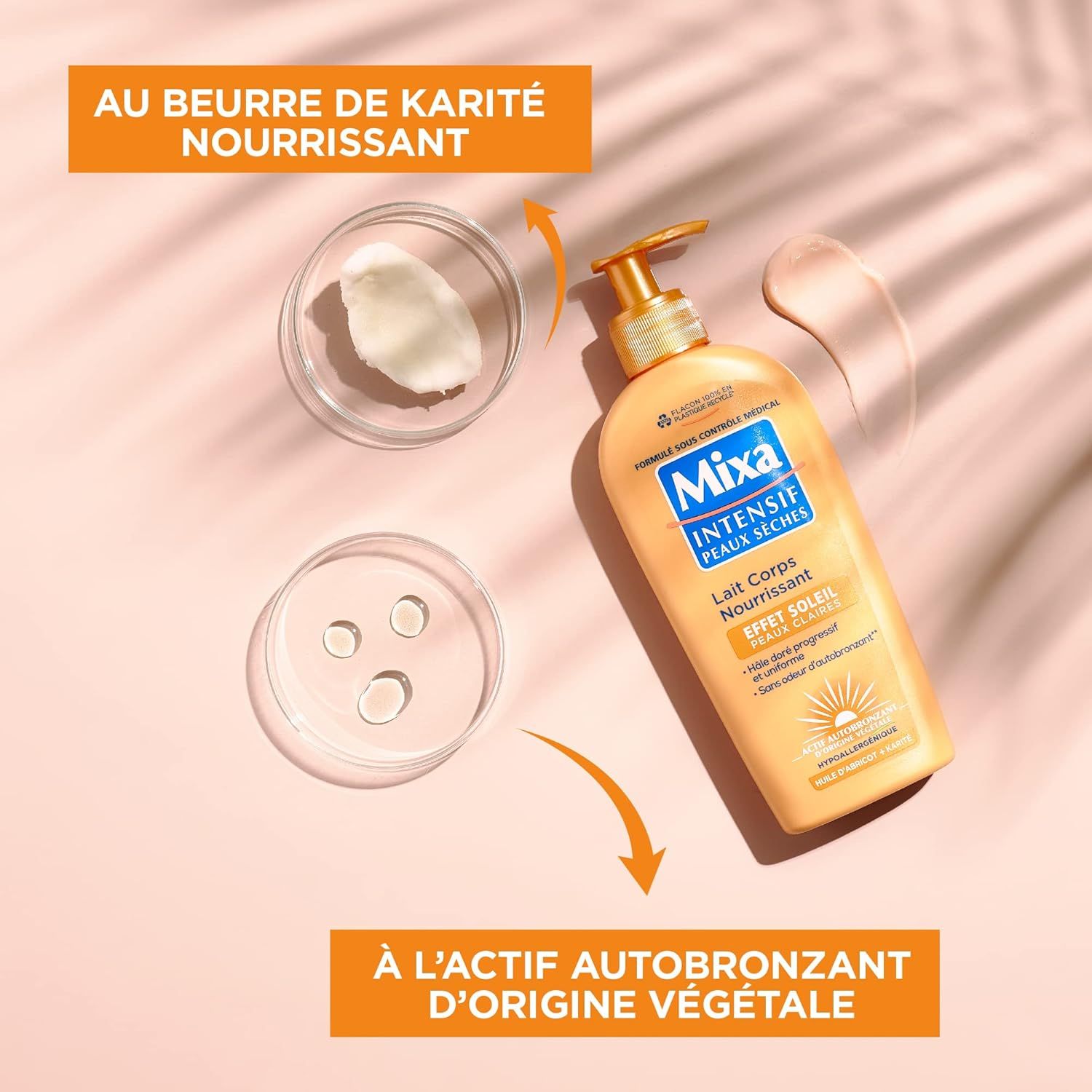 Produktflasche mit Pumpe, Creme und Inhaltsstoffen. Text: Mixa Intensiv, Lait Corps Nourrissant, Effekt Sonne, helle Haut. Mit Sheabutter.