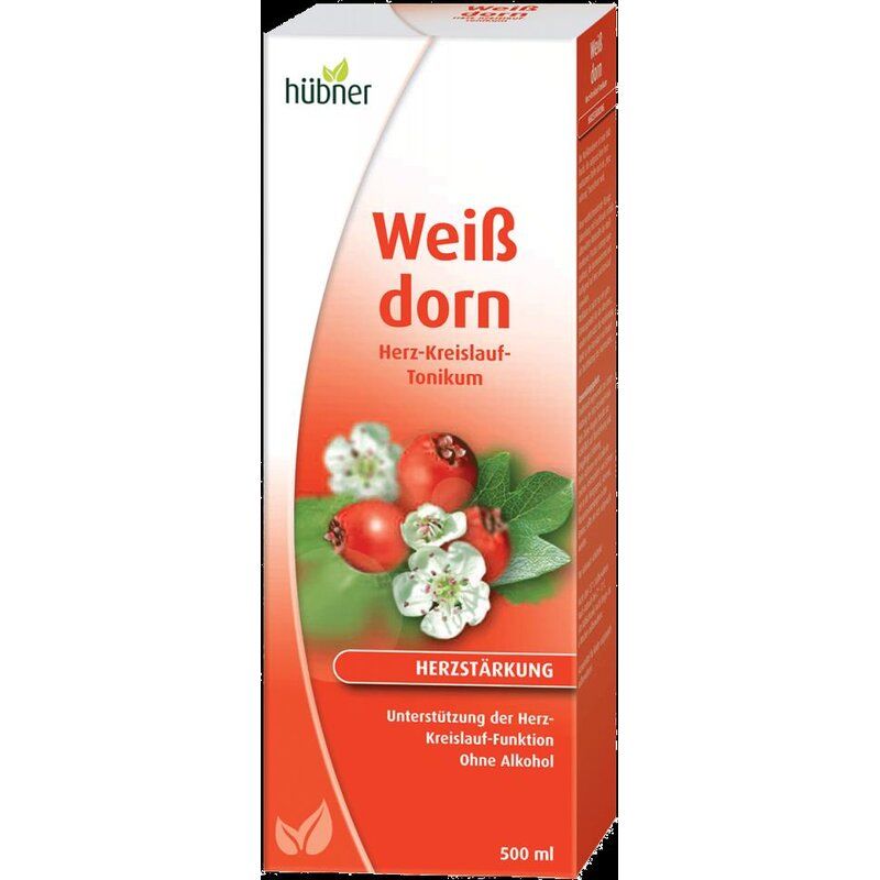 Verpackung von Hübner Weißdorn Tonikum. Weißer Hintergrund mit roter Schrift. Produktname und Logo deutlich sichtbar. Abbildung von Früchten und Blüten.
