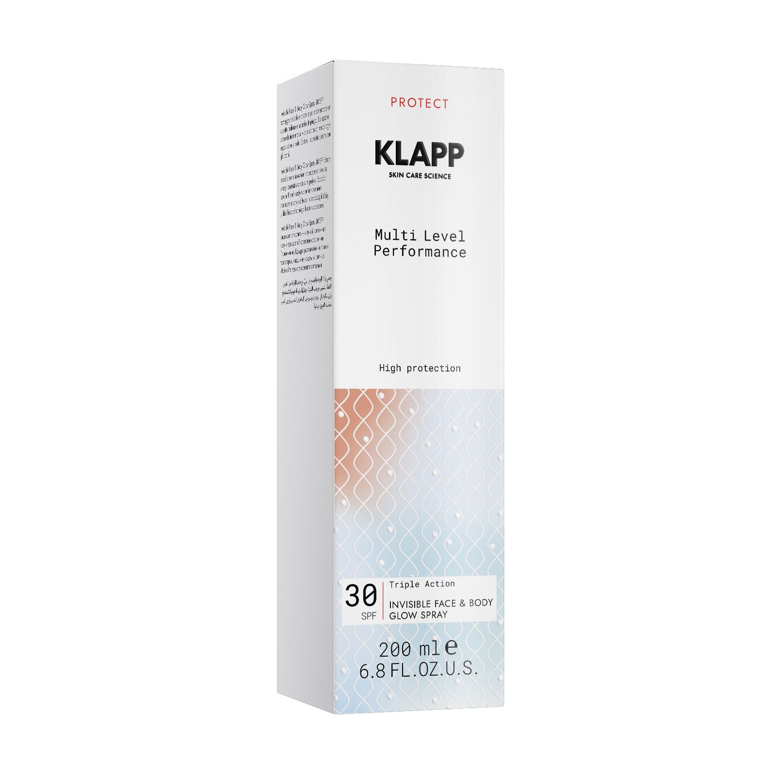 Klapp Multi Level Performance Sonnenschutzspray. Weiße Verpackung mit Produktinformationen. SPF 30. 200 ml.
