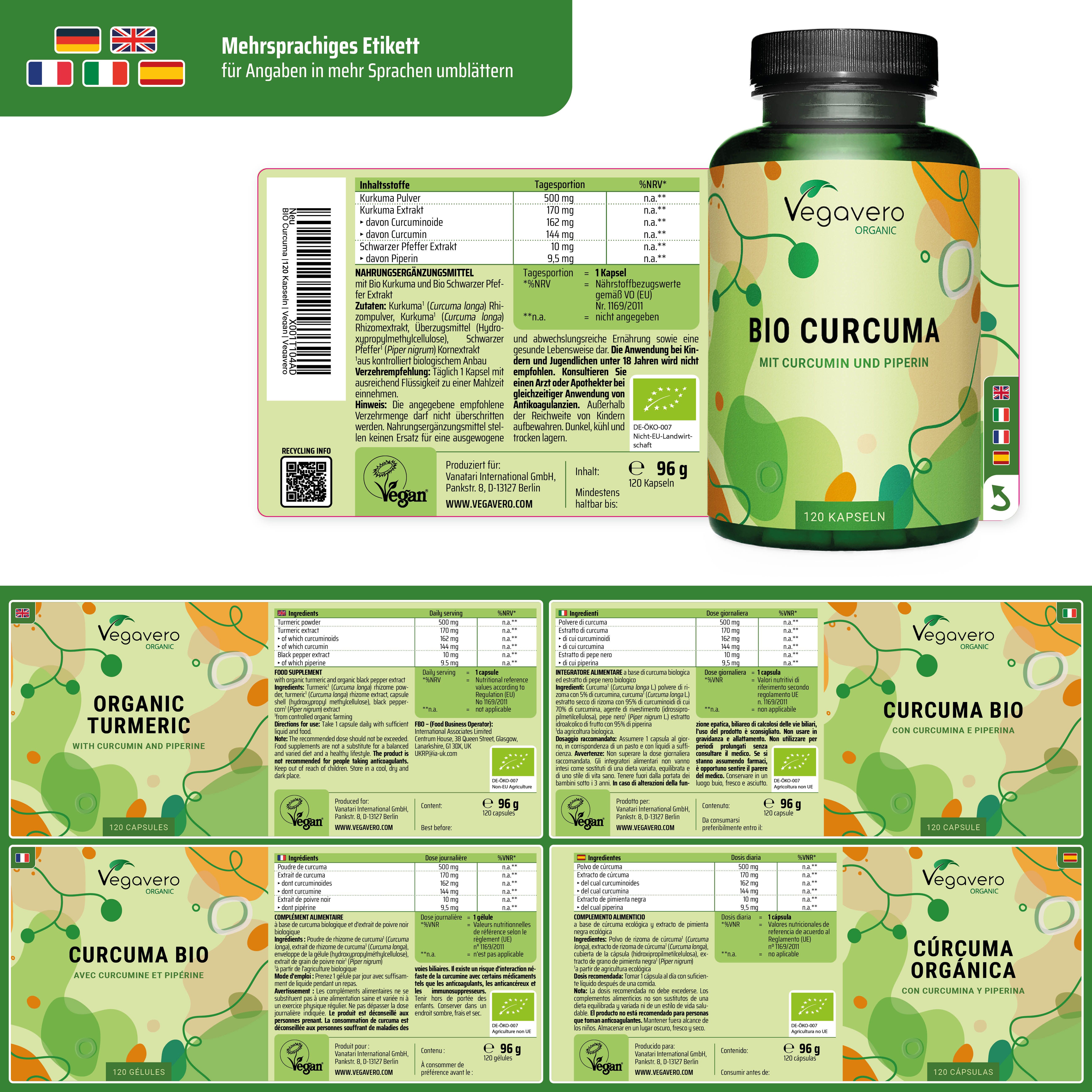 Mehrsprachiges Etikett mit Informationen in verschiedenen Sprachen. Flasche mit Bio Curcuma. Vegan-Siegel.