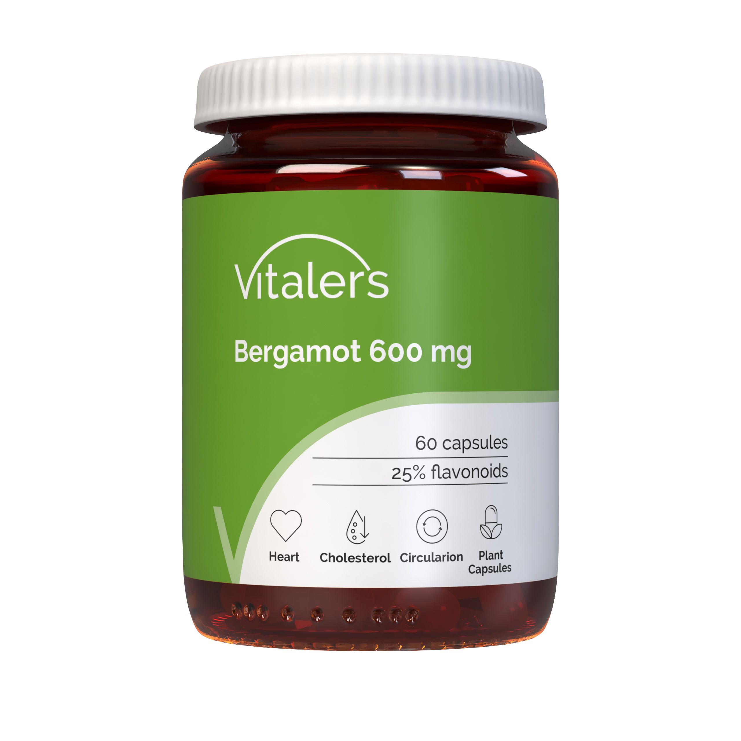 Vitaler’s Bergamotte 600 mg Kapseln: Braunglasbehälter mit grünem Etikett, 60 Kapseln, 25% Flavonoide.
