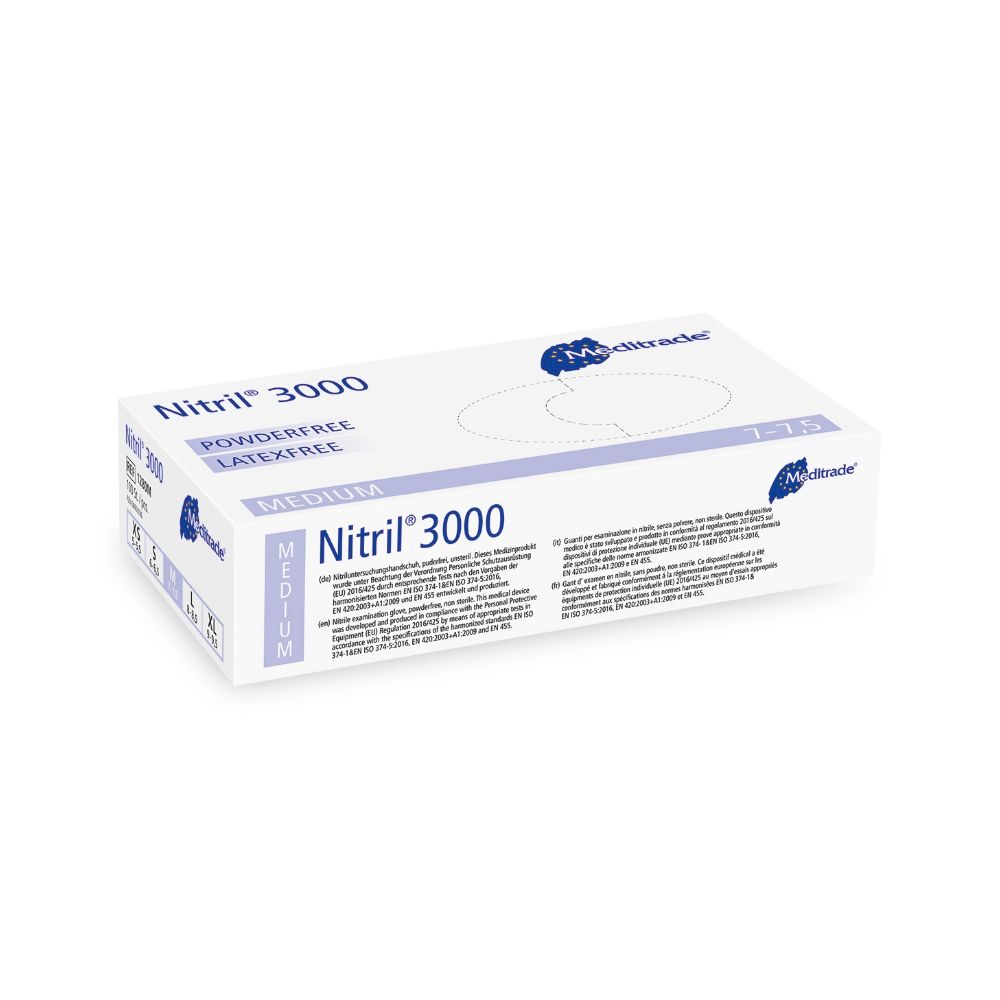 Scatola bianca con testo blu. Scritta: Nitril 3000, senza polvere, senza lattice, Medium. Logo: Meditrade.