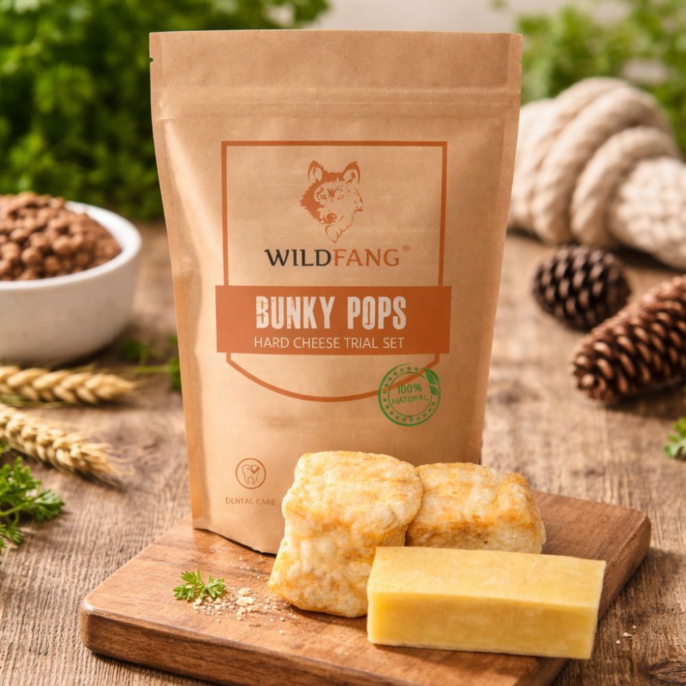 Braune Papiertüte mit Aufdruck. Enthält Käse-Knabberartikel. Marke: Wildfang. Auf Holzbrett liegen Käse-Snacks und ein Käse-Stück.