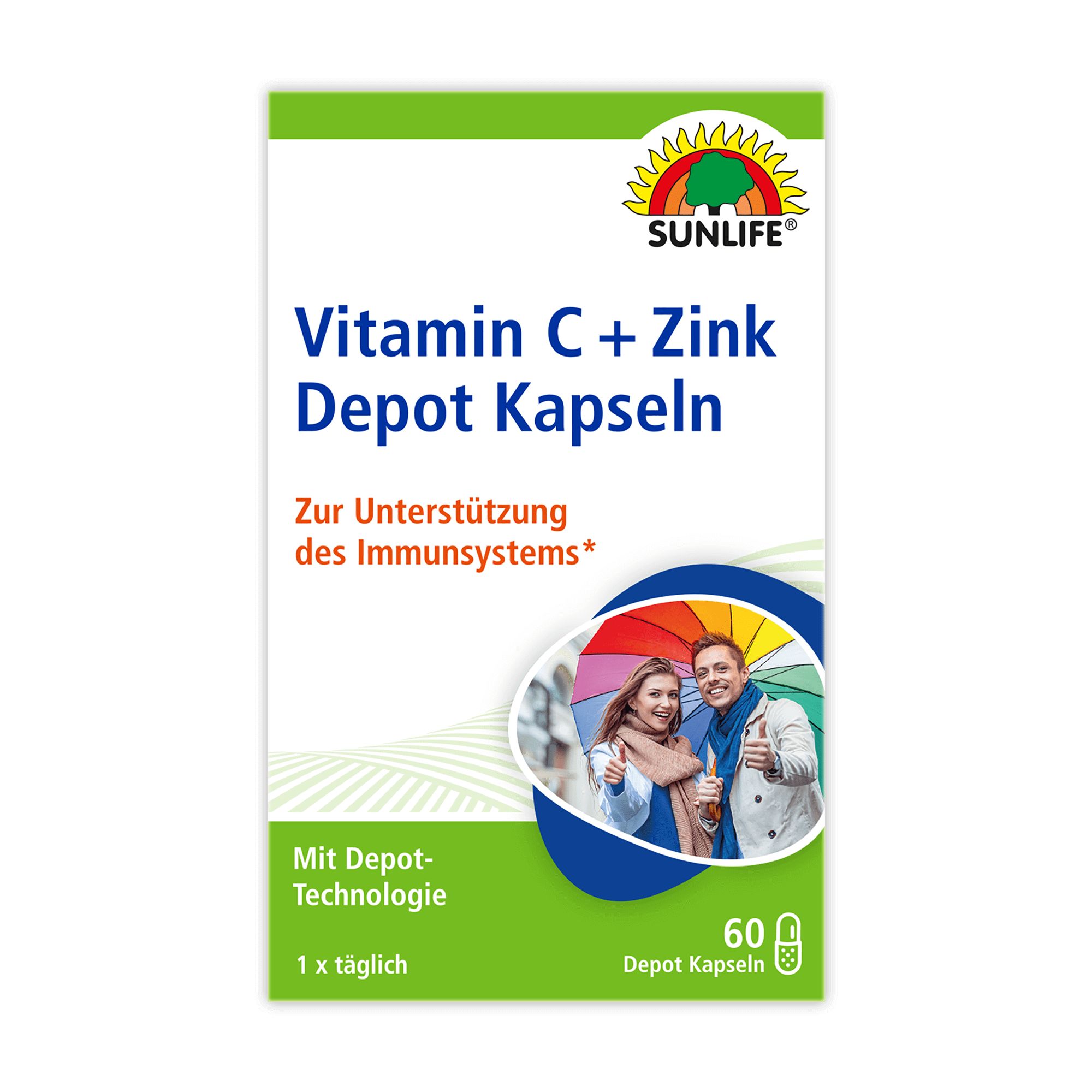Verpackung von Vitamin C + Zink Depot Kapseln. Enthält 60 Kapseln. Aufdruck: "Zur Unterstützung des Immunsystems".