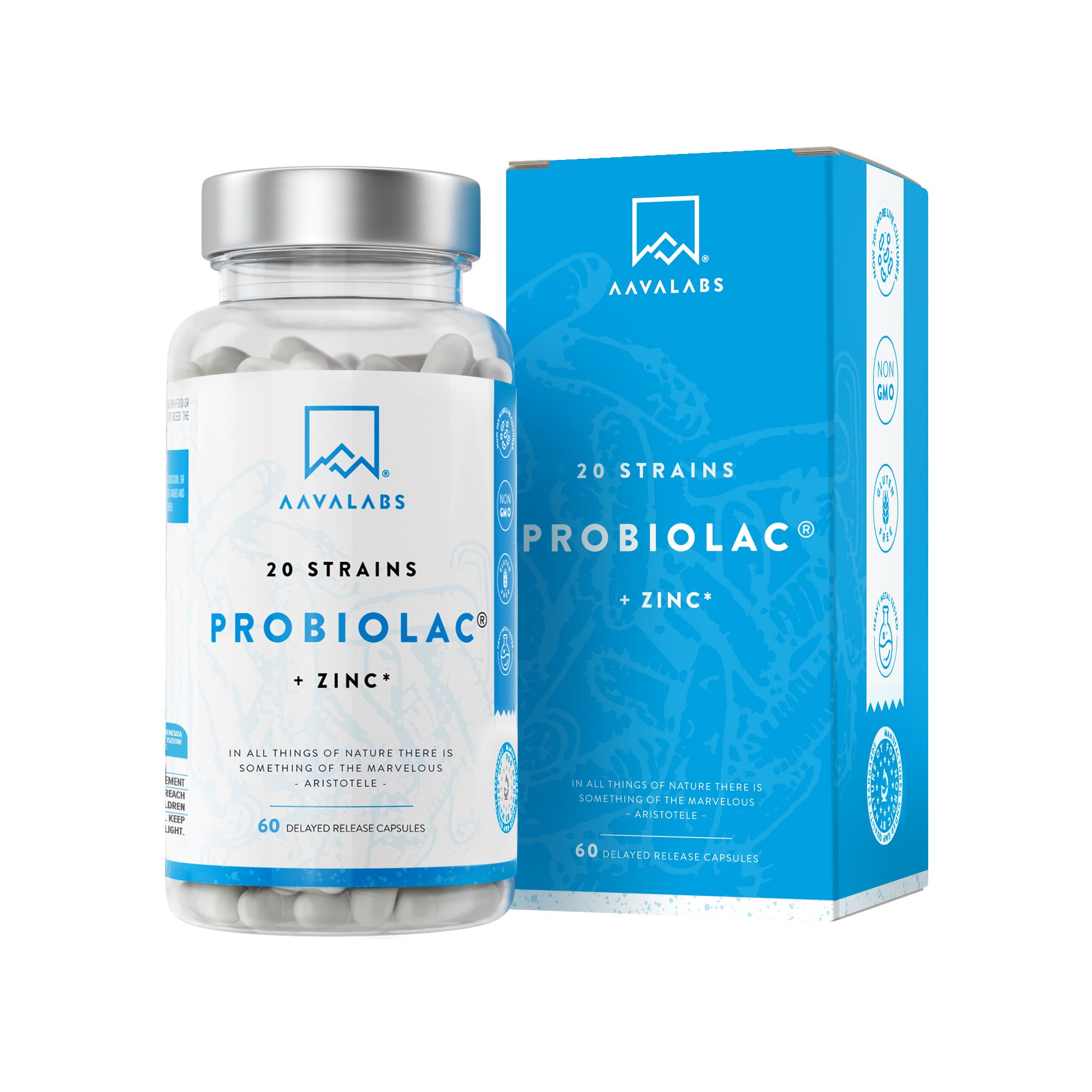 Produktverpackung mit Flasche und Schachtel. Aufschrift: AAVALABS, 20 Stämme, PROBIOLAC + ZINC. 60 Kapseln.