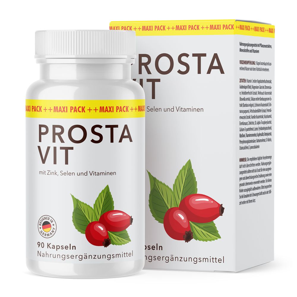 Weiße Flasche mit Kapseln, Produktname PROSTA VIT, Packung mit Produktinformationen und Abbildung von Hagebutten.