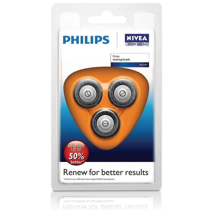 Testine di rasatura Philips HQ167 in confezione blister. La confezione mostra il logo Philips, Nivea for Men e un'indicazione di risultati di rasatura migliorati. Le testine sono alloggiate in un corpo arancione con tre testine rotonde.