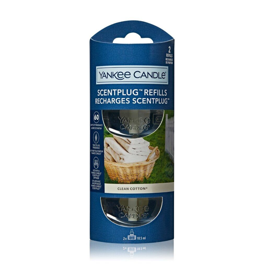 Verpackung mit zwei Nachfüllpackungen. Marke Yankee Candle. Text: Scentplug Refills, Clean Cotton. Zwei 18,5 ml Nachfüllungen.