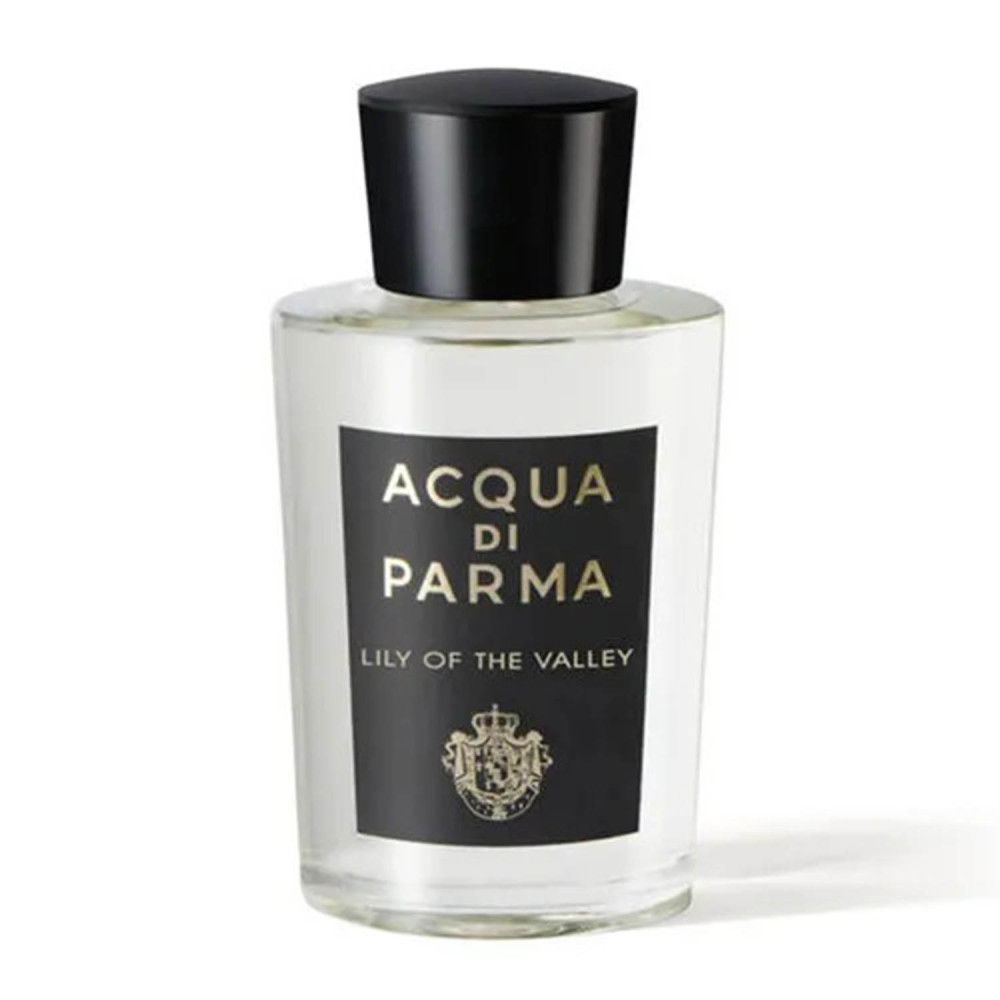 Glasflakon mit schwarzem Verschluss. Aufkleber mit goldfarbenem Text: Acqua Di Parma, Lily of the Valley. Logo.