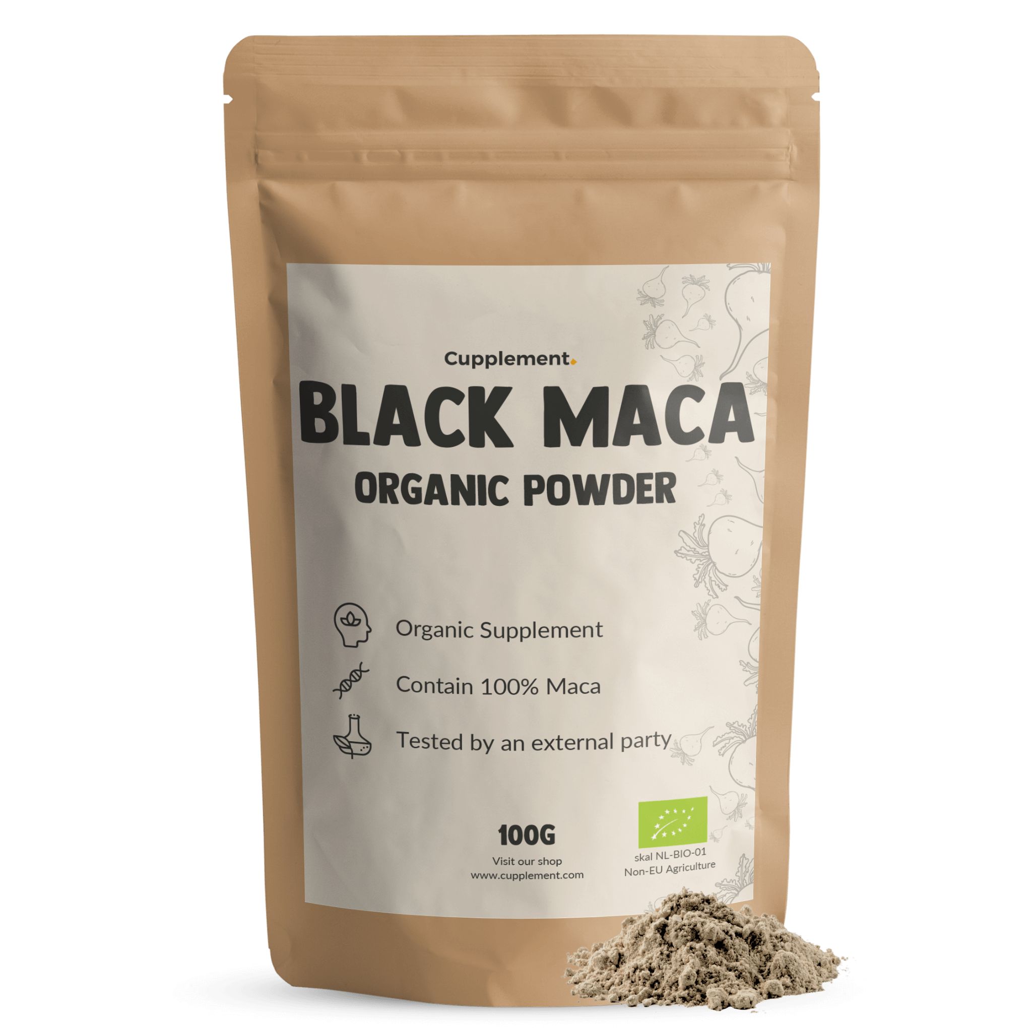 Beutel mit schwarzem Maca-Pulver. Aufschrift 'Black Maca Organic Powder'. 100g Packung, BIO-Siegel.