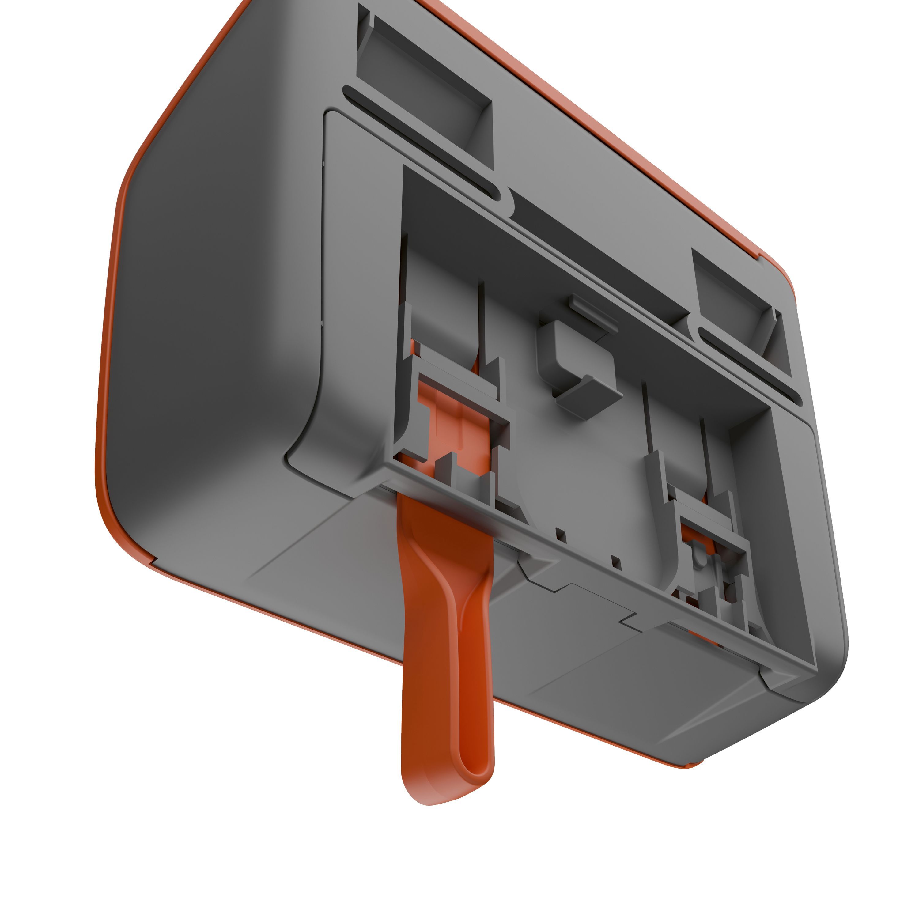 Rückseite der WERO Smart Box®. Graue und orangefarbene Elemente. Orangefarbener Auslöser. Detailansicht.