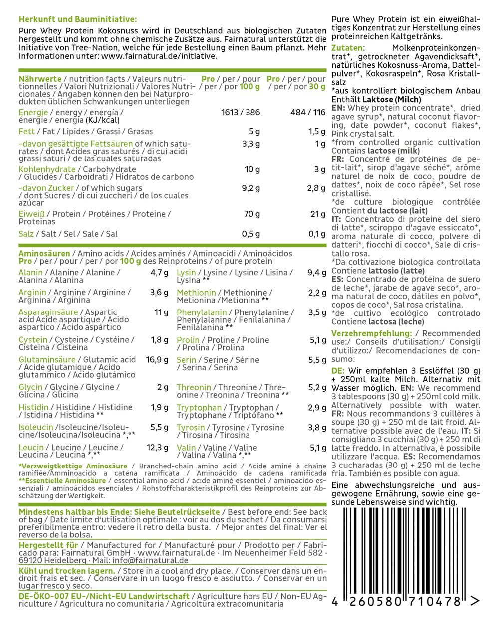 Rückseite der FAIRNATURAL Bio Whey Protein Kokosnuss-Geschmack Verpackung mit Nährwertangaben und Zutatenliste.